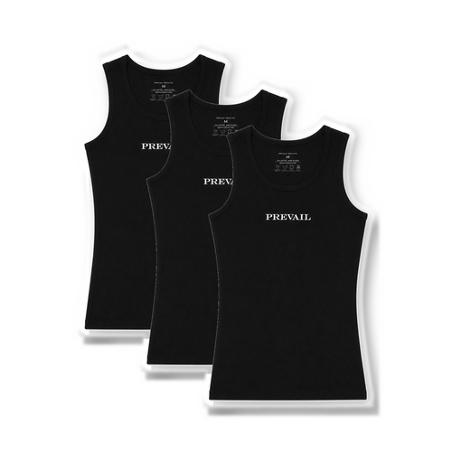 PREVAIL Official tank top 3-pack — three black tanks stacked