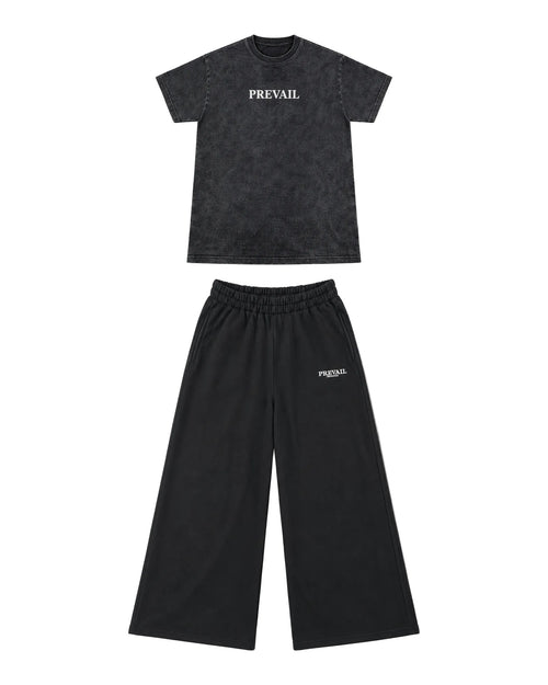 PREVAIL Contrarian Set - acid-wash tee with Black wide-leg sweat pants