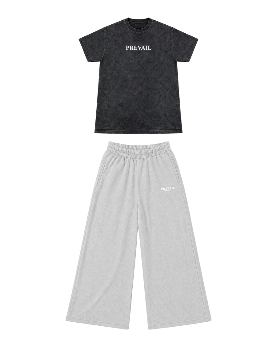 PREVAIL Contrarian Set - acid-wash tee with Gray wide-leg sweat pants