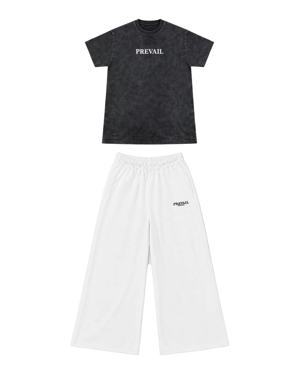 PREVAIL Contrarian Set - acid-wash tee with White wide-leg sweat pants