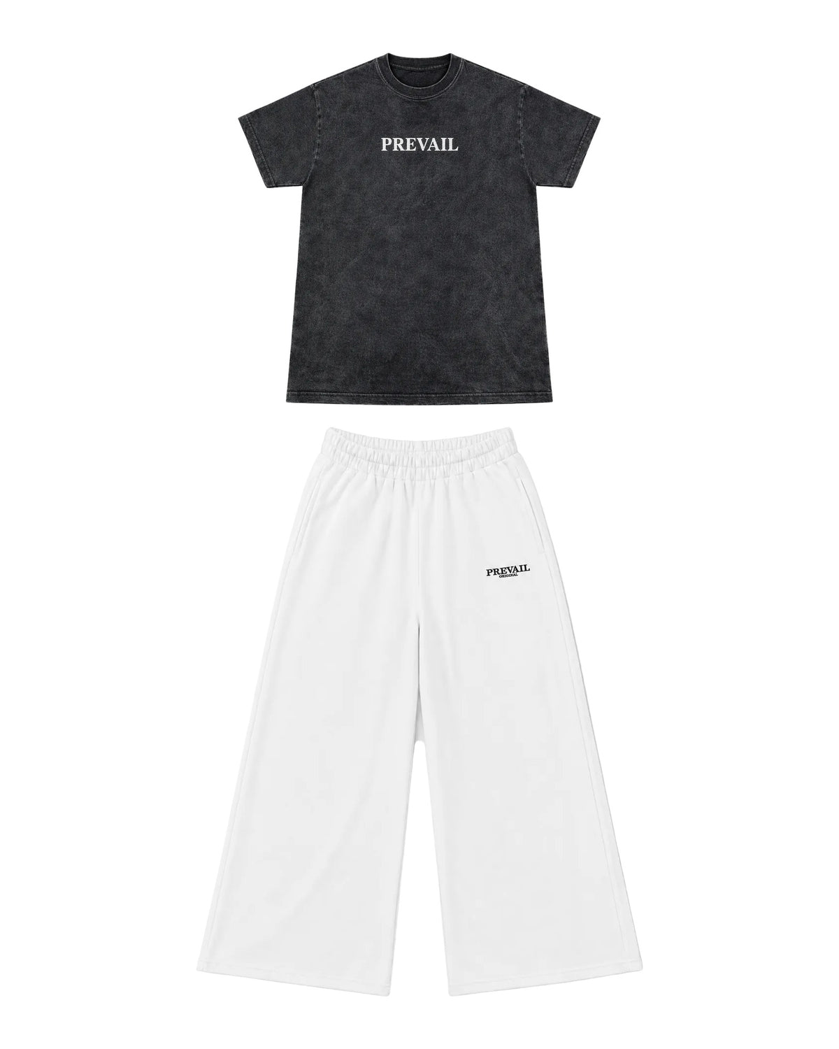 PREVAIL Contrarian Set - acid-wash tee with White wide-leg sweat pants