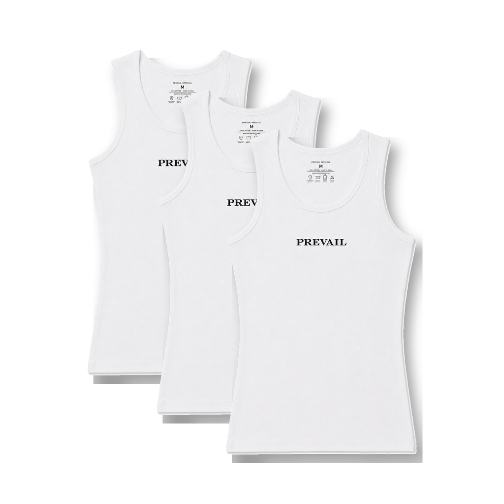 PREVAIL Official tank top 3-pack — three white tanks stacked