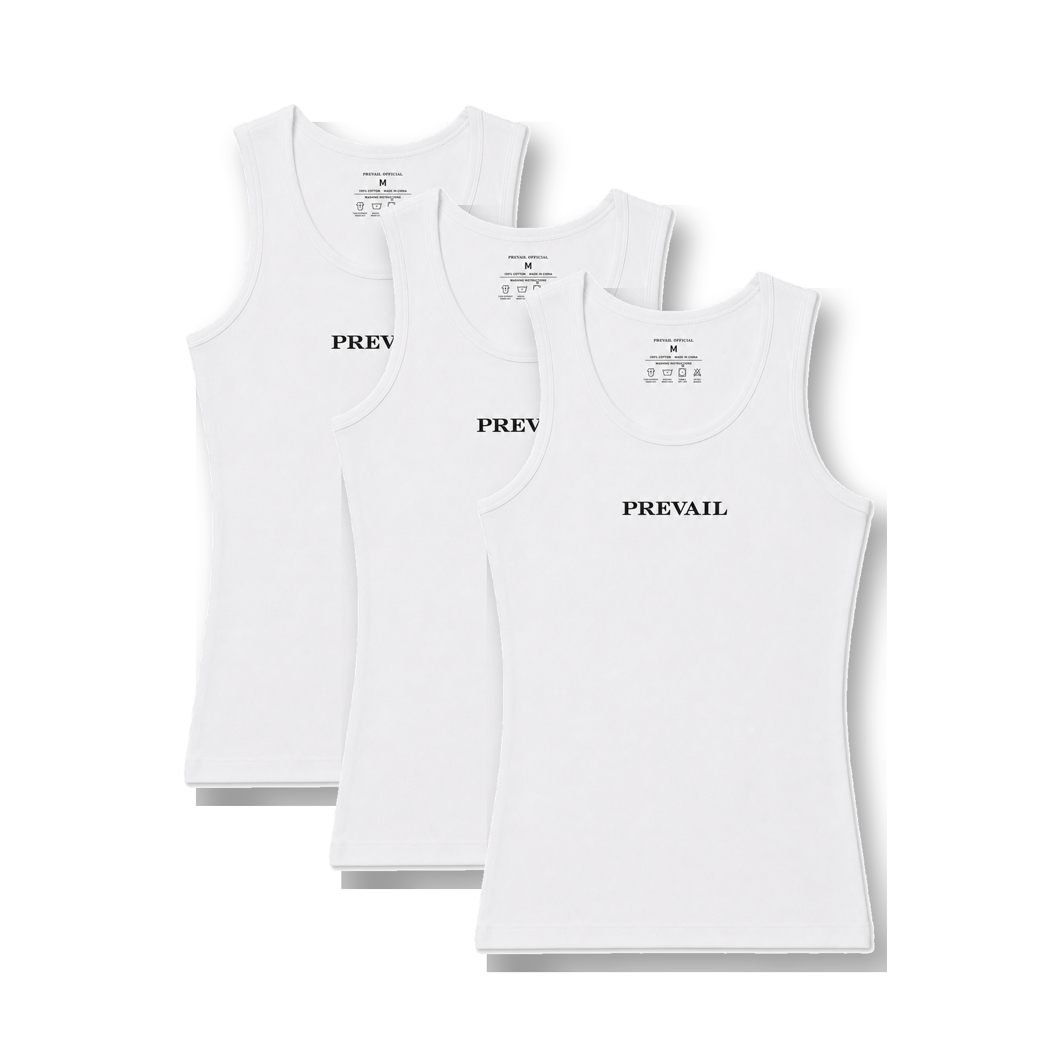 PREVAIL Official tank top 3-pack — three white tanks stacked