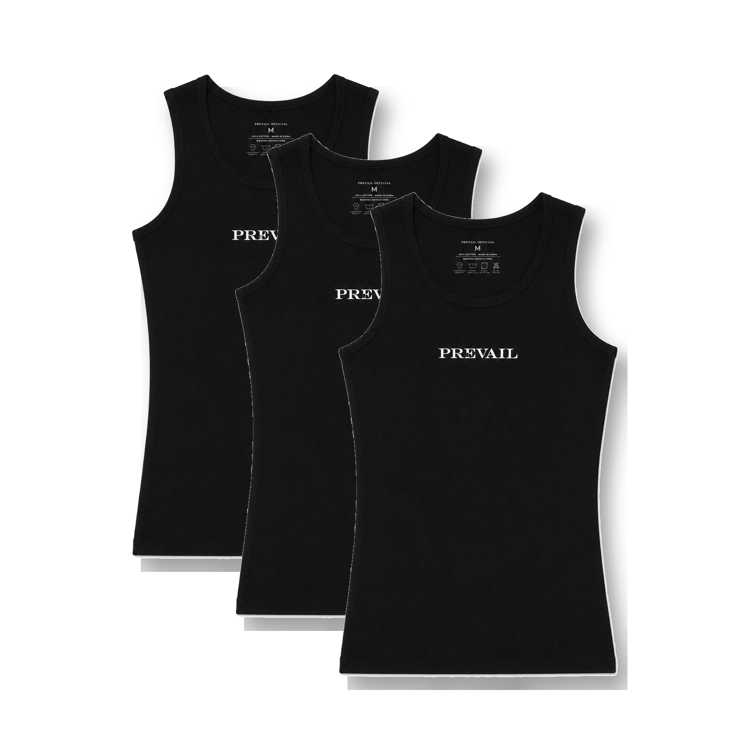 PREVAIL Official tank top 3-pack — three black tanks stacked